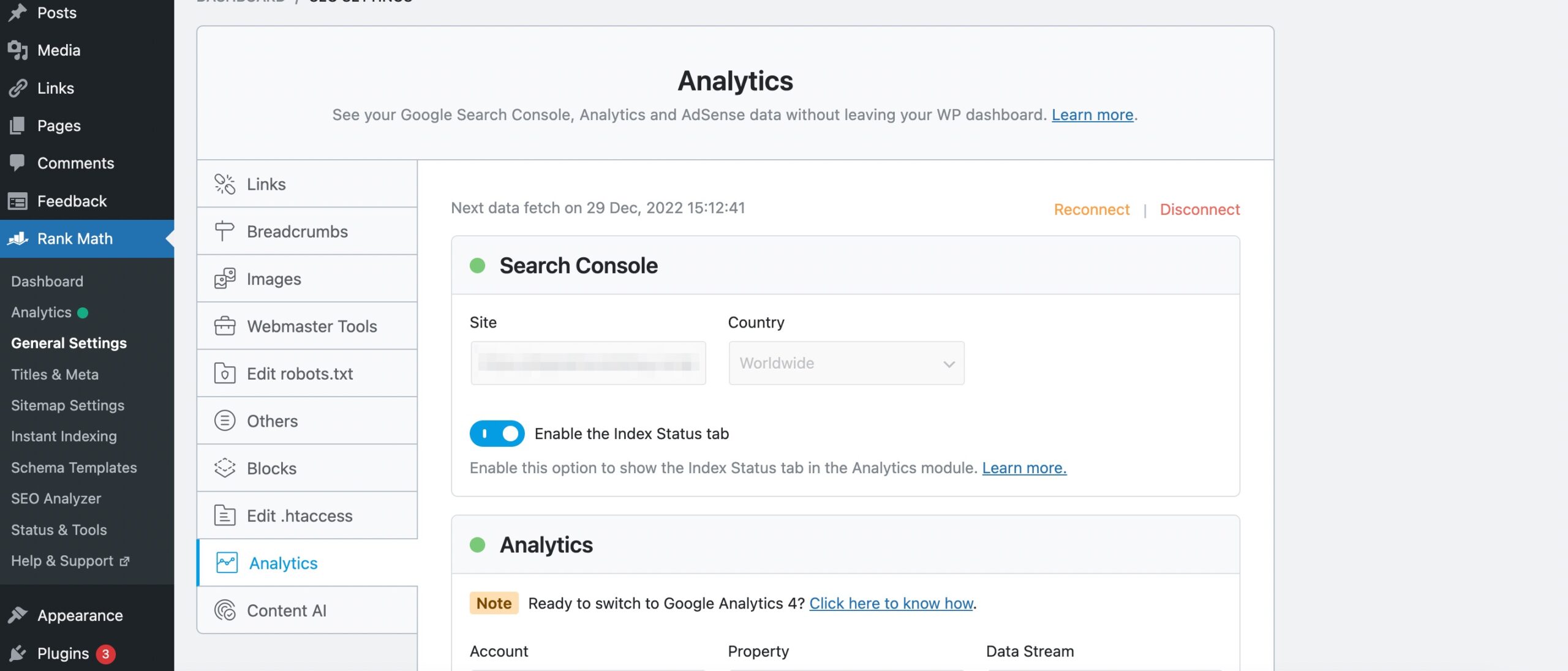 Search Console connected in Rank Math